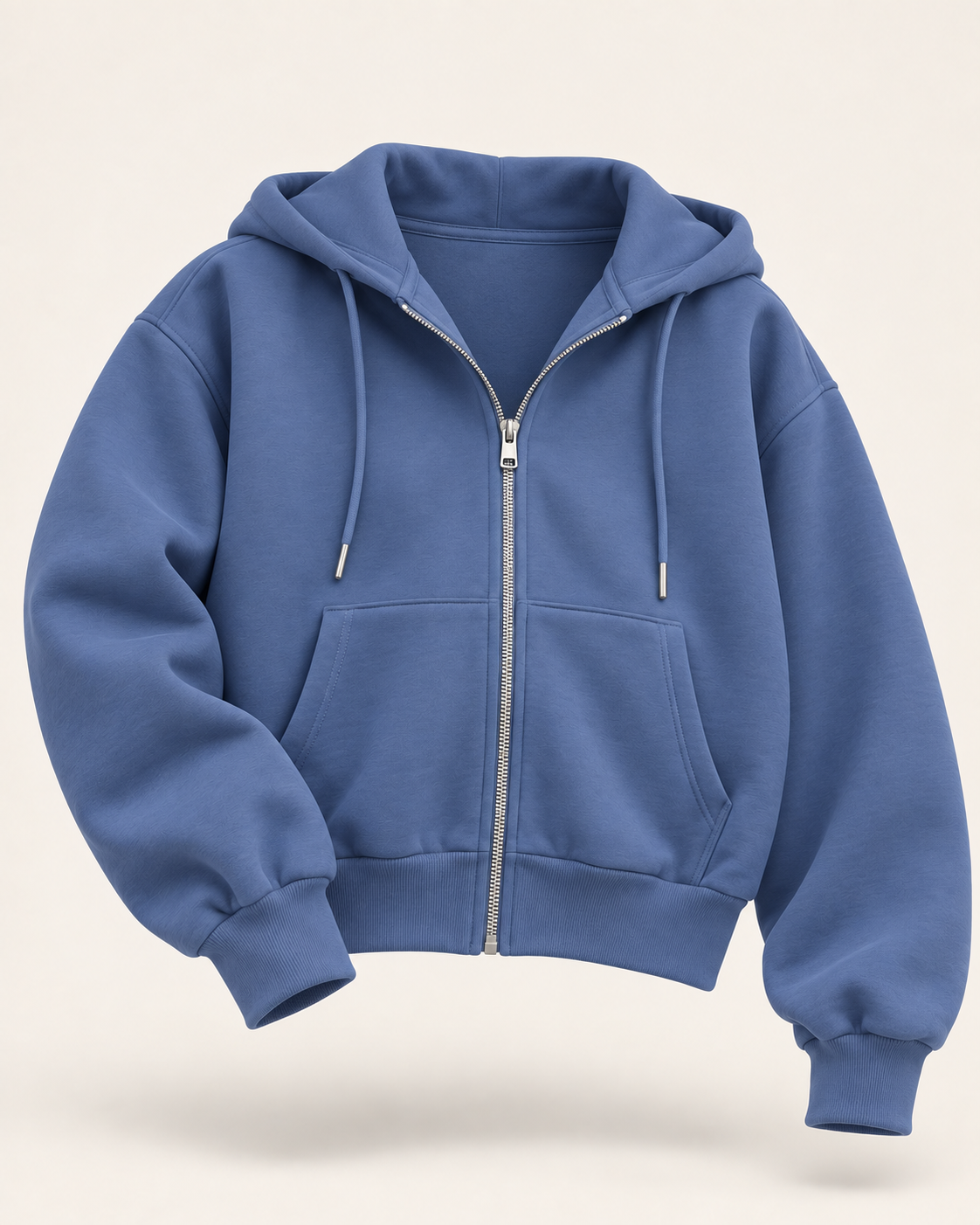 AI-generated product image of the blue Everyday Zip Hoodie, partially unzipped with hood folded back against an off-white background
