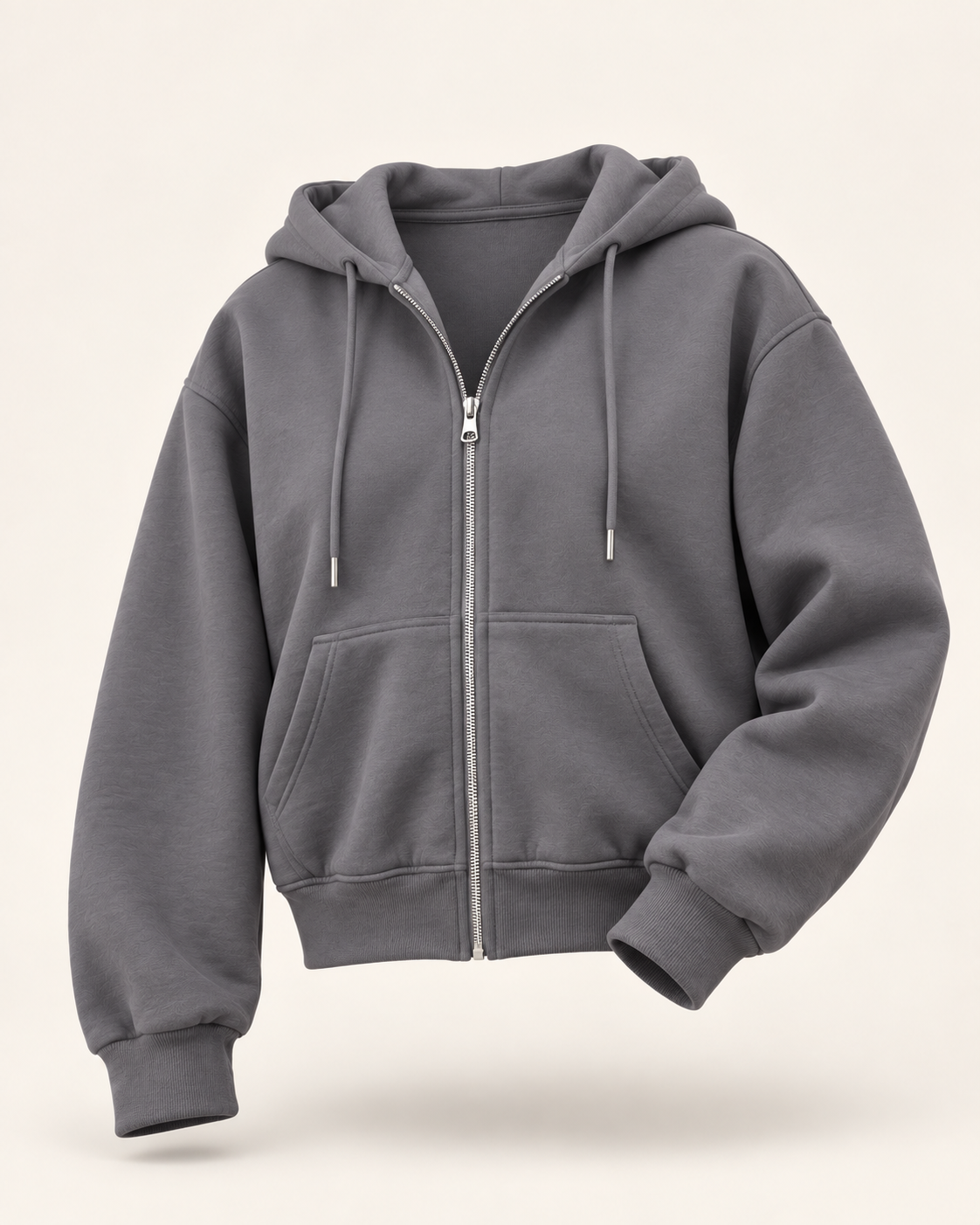 AI-generated product image of the dark gray Everyday Zip Hoodie, partially unzipped with hood folded back against an off-white background